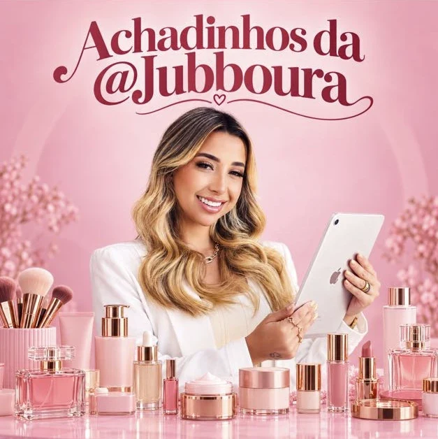 Julia Boura segurando um tablet, cercada de produtos de beleza